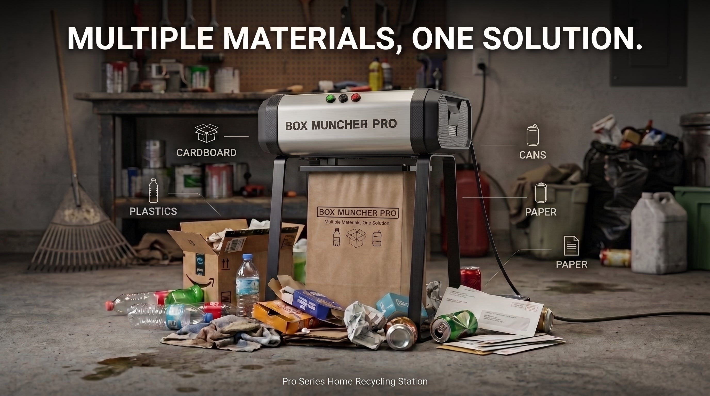 Box Muncher Pro home recycling station in a garage, labeled for cardboard, plastics, cans, and paper.